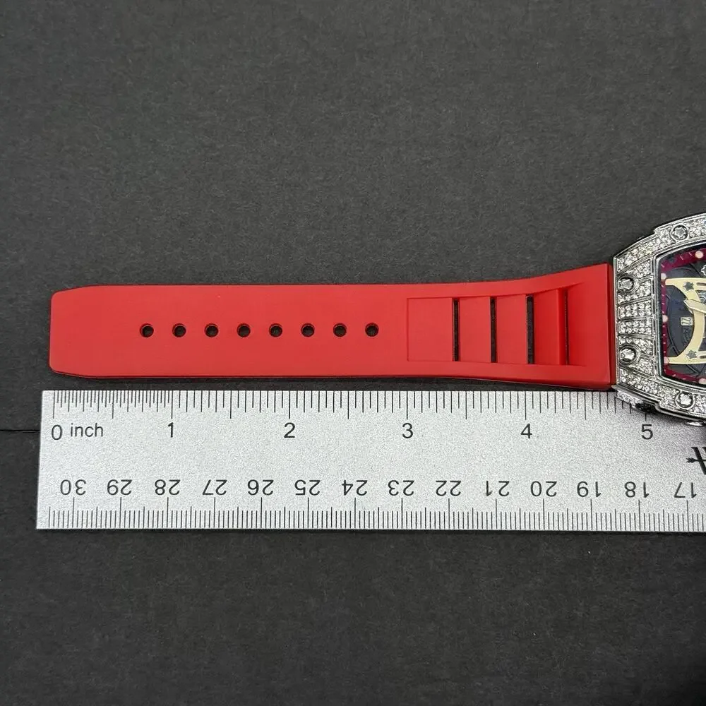 Men's Avant-Garde Tonneau Sport Watch Fully Iced Out Bezel & Vibrant Red Band